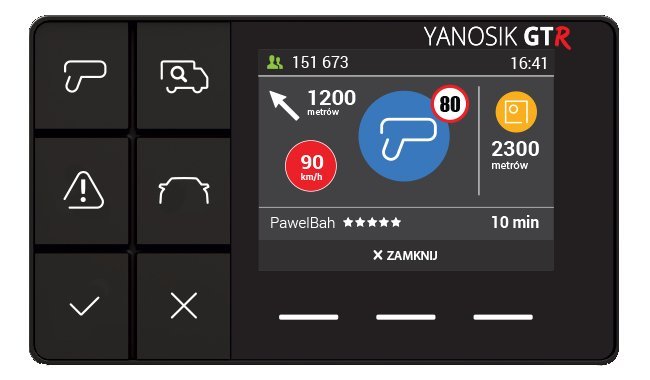 Yanosik GTR dostajesz informację o każdej nieoczekiwanej sytuacji w wyznaczonej przez Ciebie trasie: kontroli, pracach drogowych, wypadkach